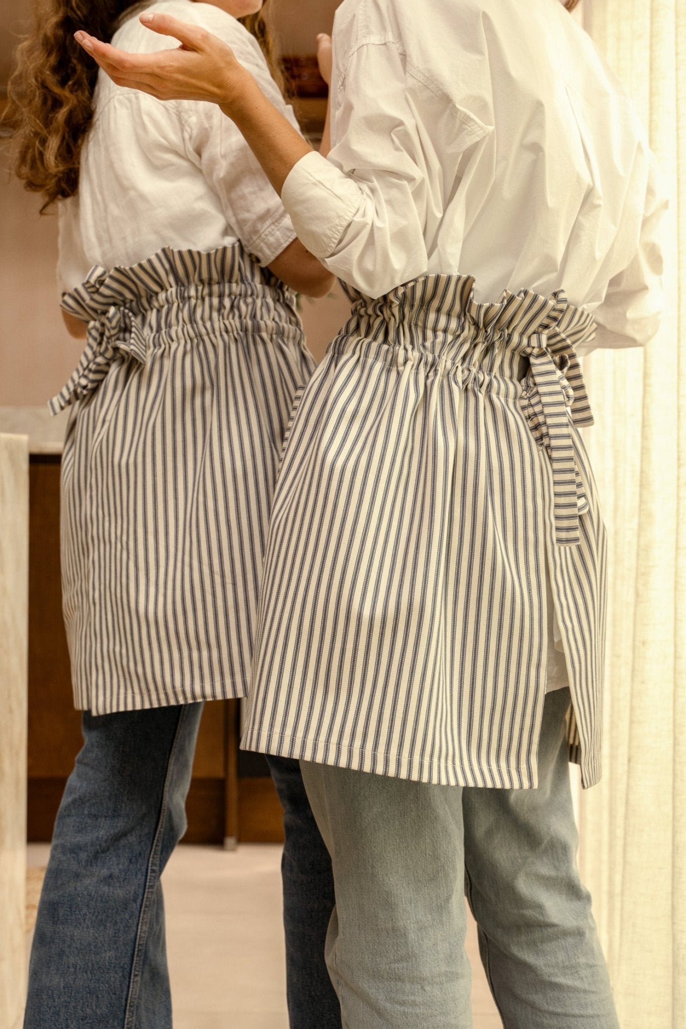 Eloisa Blue Stripes Cotton Apron with Pleating Channels