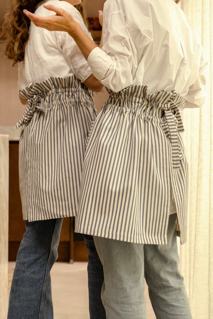 Eloisa Blue Stripes Cotton Apron with Pleating Channels